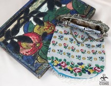French Silver  Glass Micro-Bead Beadwork Floral Victorian Ladies Purse w/Box