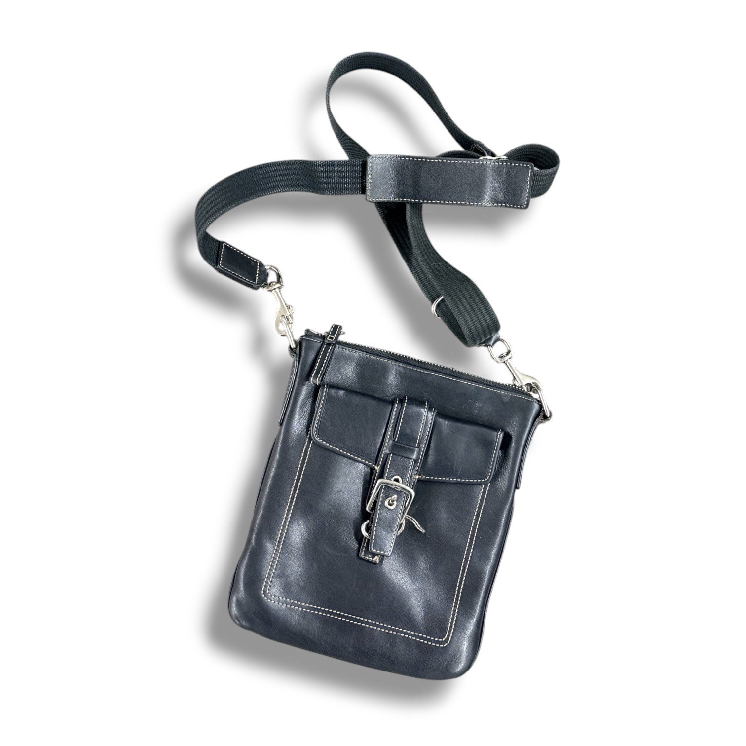 Coach Black Leather Crossbody Messenger Bag Adjustable Strap Zip Pocket