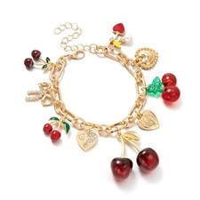 Cherry Bow Heart Charm Bracelet, Gold Chunky 3D Fruit Realistic gold chain