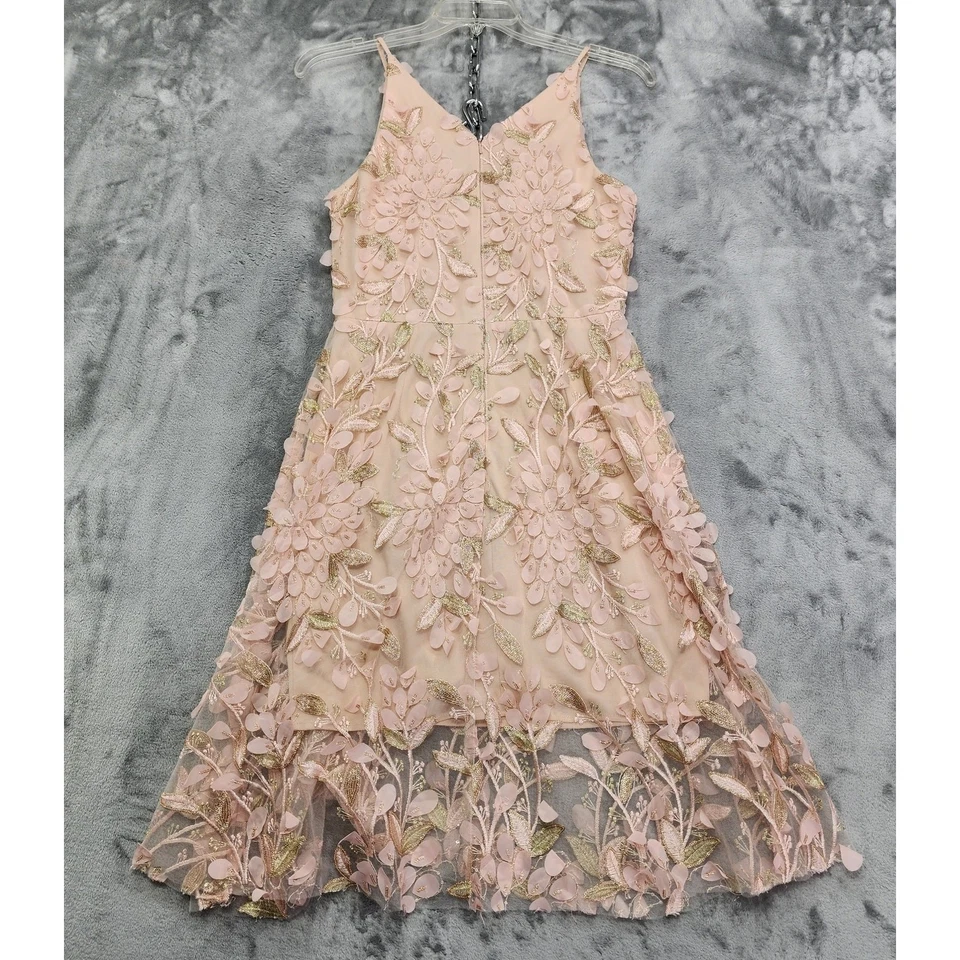 Vestido XSCAPE Mujer 10 Rosa 3D Floral Cuentas Apliques Midi Fit Acampanado Cuello en V Espalda Foto 2 de 4