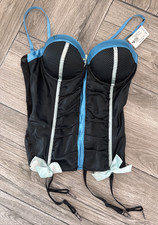 Size XL Black  Blue BACKSEAT Corset Top with Detachable Garters 36D  AS IS