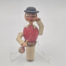 Vtg Italian Hand Carved Wood Moving Puppet Cork Wine Stopper Drinking Man *read