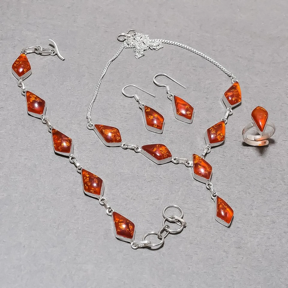 Gelber Bernstein Edelstein Schmuck Set Handgefertigt Verstellbar Kette Erstau... - Bild 2 von 4