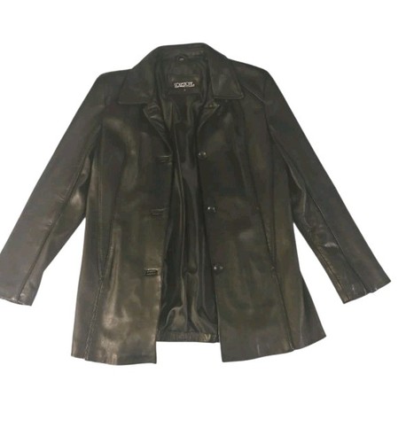 Collezione SA Leather Coat Jacket Sz Lg Black Button Up Mid Trench Womens Soft - Picture 3 of 12