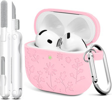for Airpods 4 Case for Women, Cute Flower Engraved Silicone Case Cover with K...
