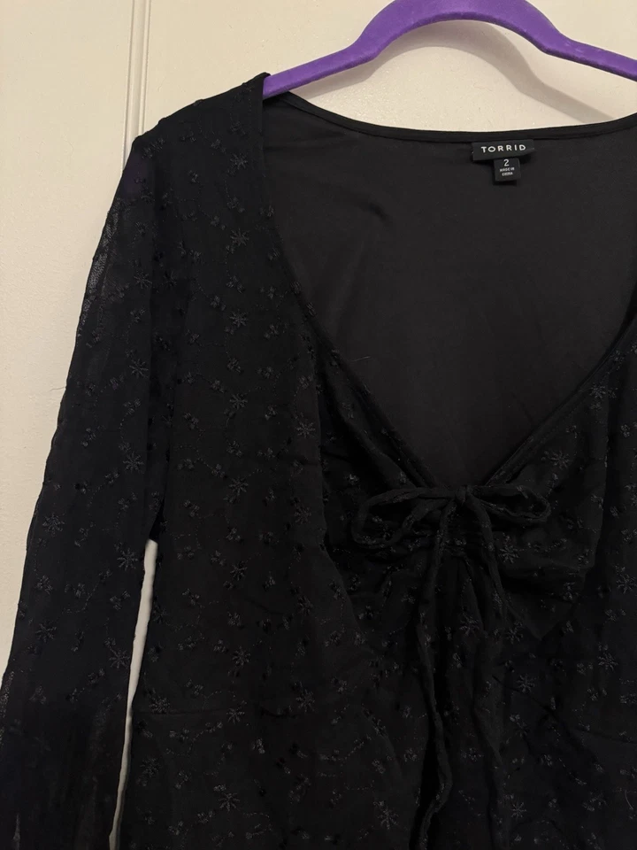 Torrid Sz 2 Black Tie Front Long Sleeve Top With Mesh Embroidered Overlay - Image 2 of 4