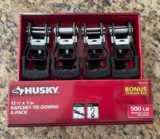 HUSKY RATCHET TIE-DOWN STRAPS 4-PACK 1 in. x 12 ft. Quick Release Hook 1500 lbs.