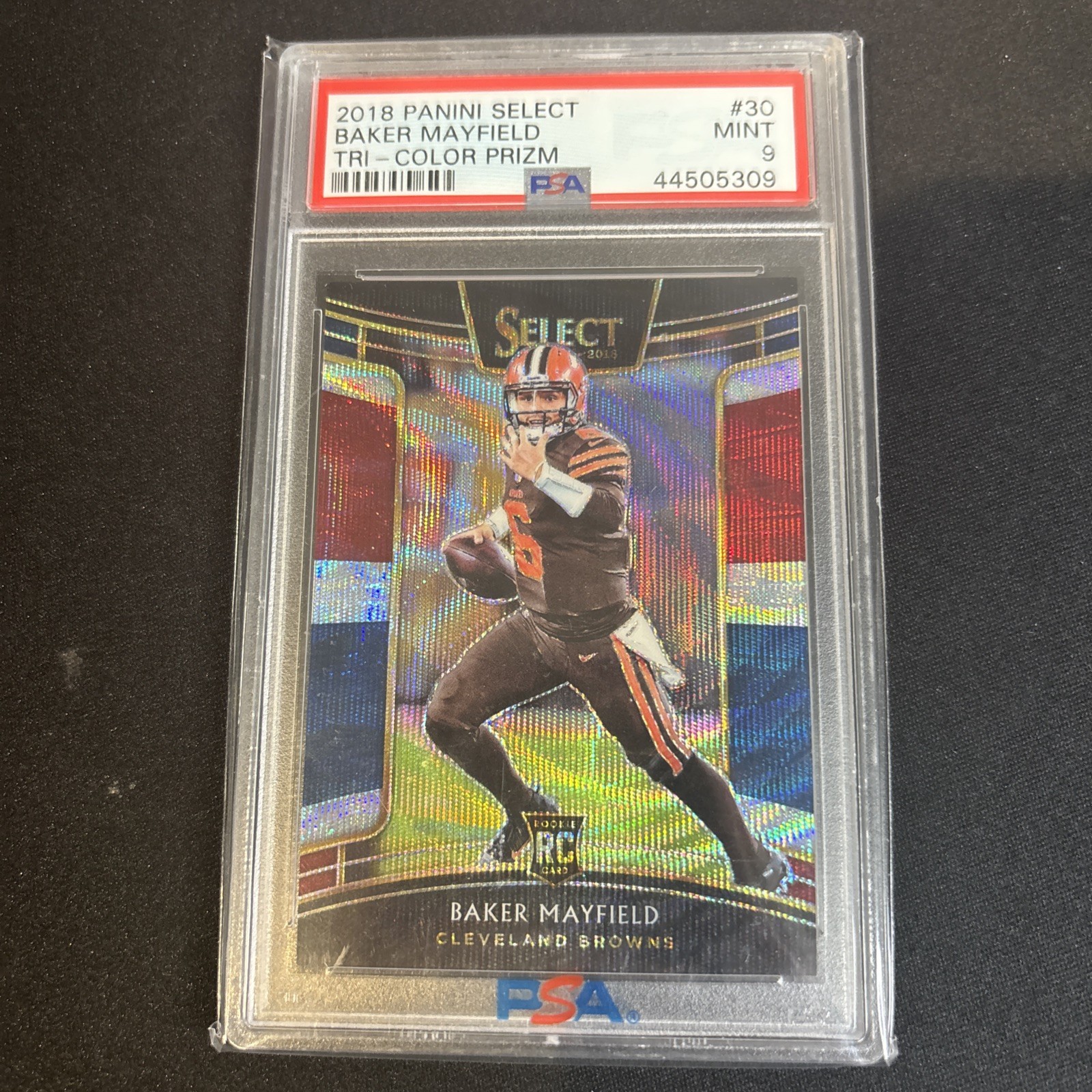 2018 Panini Select Concourse Baker Mayfield #30 Tri-Color Prizm /199 (RC) PSA 9