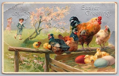 Easter, Embossed, Chickens, Chics, Easter Eggs, Boy, Girl, Vintage Postcard