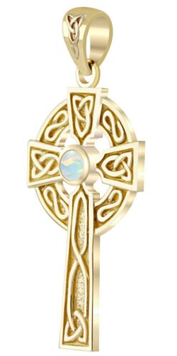Nuevo Macizo 14k Oro Amarillo Irlandés Nudo Celta Cruz Chatham Sintético Ópalo