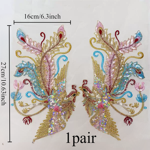 1x Sequin Embroidered Floral Bird Shaped Applique Dragon Phoenix Patch for Dress - Picture 5 of 9