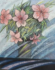 Vintage realist gouache painting vase with flowers still life