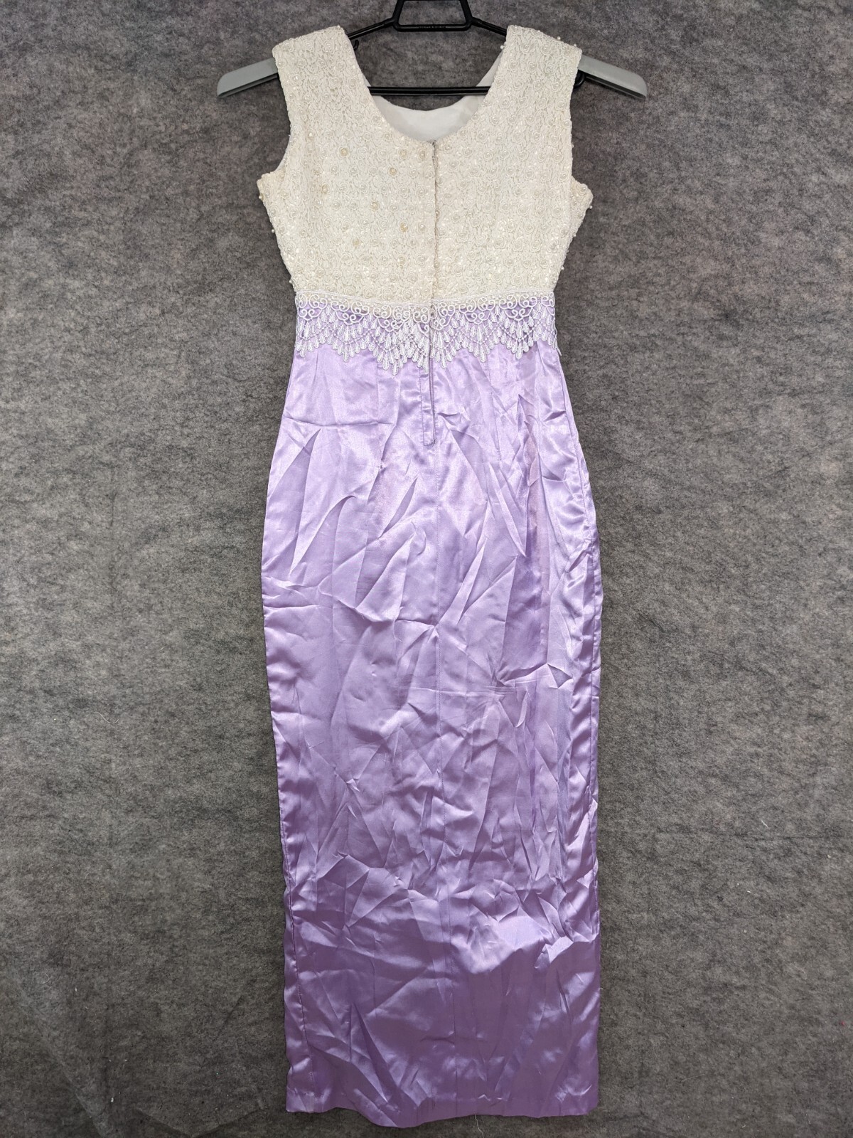 Handmade Maxi Dress Women Small Purple White Beaded Lace Bodice Thigh Slit Prom