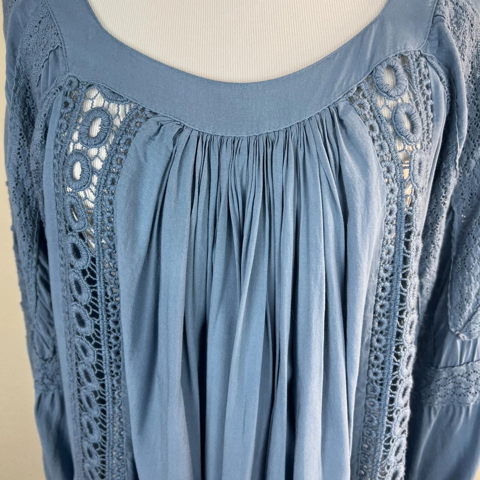 Blusa Top Tempo Paris Mujer M Azul Crochet Encaje Plisado Boho Campesino Ligera Foto 3 de 4