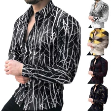 Button Down Shirt Men Baroque Fashion Casual Long Sleeve Vintage Beach Party Tee