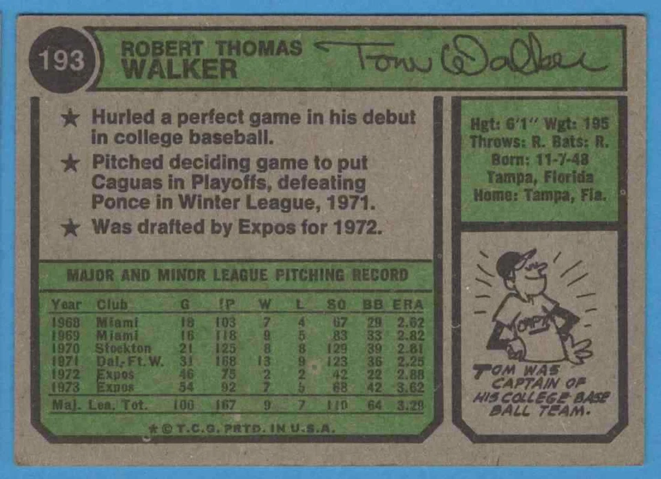 1974 Topps Tom Walker #193 Montreal Expos - Image 2 of 2