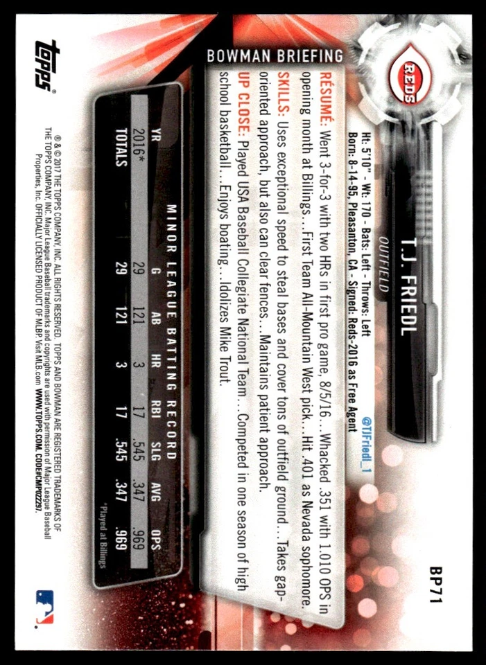 2017 Bowman Prospects Yellow T.J. Friedl Cincinnati Reds - Image 2 of 2