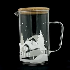 Old East Main Co. Clear Glass Pitcher Christmas Village Design 64 OZ w/ Wood Lid