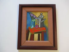 CUBIST  PAINTING   MODERNIST ABSTRACT VINTAGE SIGNED STILLLIFE TEA POT FLORAL