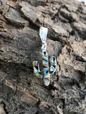 Saguaro Cactus Sterling Silver Tiger's Eye Gemstone Opal Petite Small Pendant