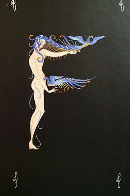 Erte 1982 Alphabet Series - F - NAKED PEACOCK LADY PLUMES Matted