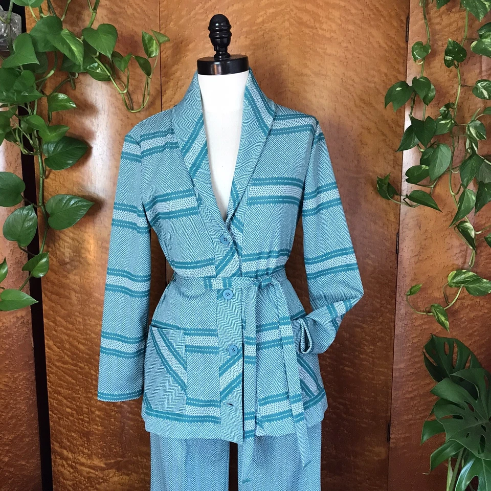 70’s 70s Vintage HERRINGBONE Shawl Collar Jacket Pants Pantsuit Leisure Suit M - Image 2 of 4