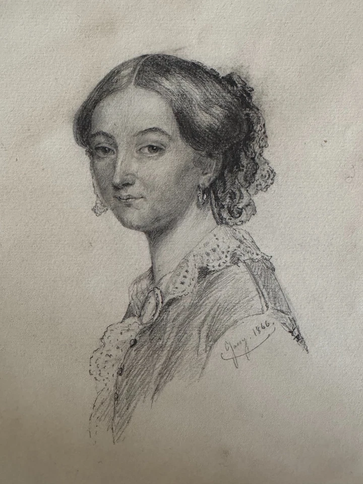 Very Fine Italian Portrait of a Young Woman Pencil Drawing Paper Florence 1866 - Image 2 of 4