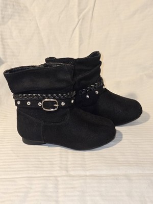 Mini Black Ankle Booties Size 6 NEW w/out box Faux Suede Braided Strap Buckle. 
