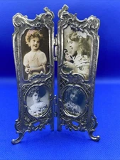 Vintage Baroque Style Pewter 2 Panel Mini Photo Frame 4 Pictures RARE