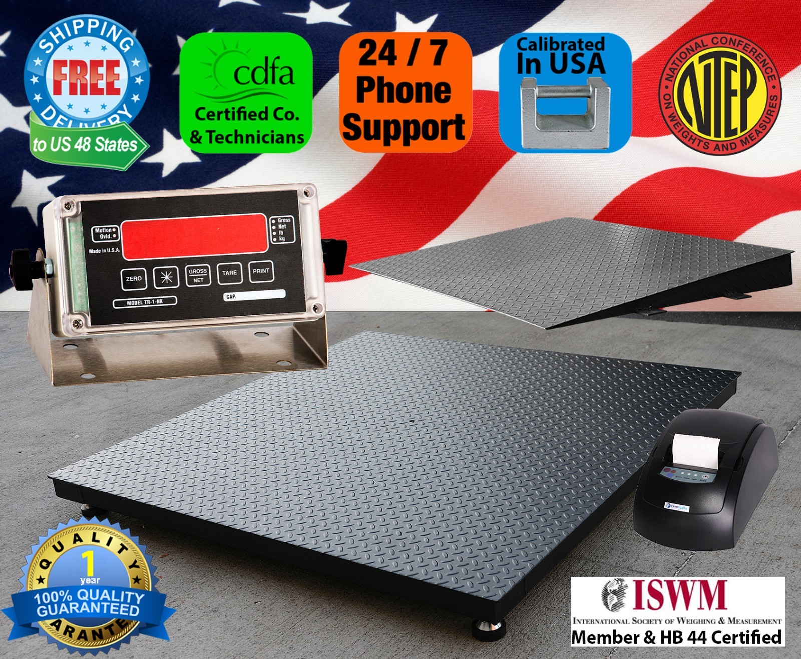 4x4 Floor Scale 2500 lb Legal for Trade Pallet Scale 48"X48" Printer & ramp NTEP