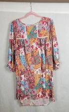 Umgee Dress Womens 1XL Multicolor Patchwork Floral Boho Tunic 3/4 Sleeve Spring