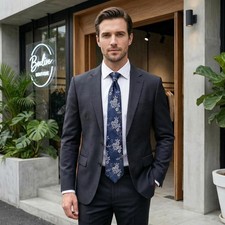 S W SHLAX WING Floral Mens Necktie Navy Blue Silver White for Party Silky Touch