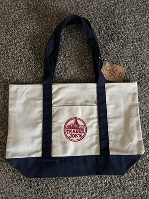 Trader Joe's Canvas Tote Reusable Foldable Bag Beige Navy Blue