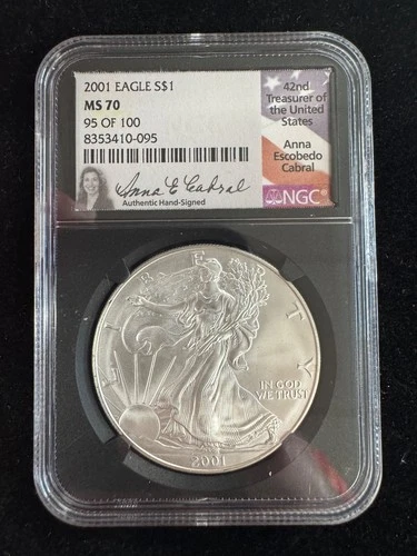 2001 $1 AMERICAN SILVER EAGLE NGC MS70, #95 of 100 ANNA CABRAL SIGNED POP 100!