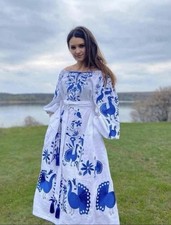 Ukrainian Vyshyvanka Peacock Embroidered Boho Folk Off Shoulder Dress
