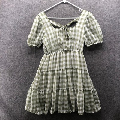 green and white mini dresses Mine Square Neck Chiffon Dress M Sage Gingham Puff Sleeve Tiered Green floral dress