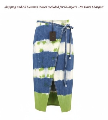 ALANUI Magic Journey Women's L Wrap Skirt Blue Green Tie-Dye Cotton Denim -