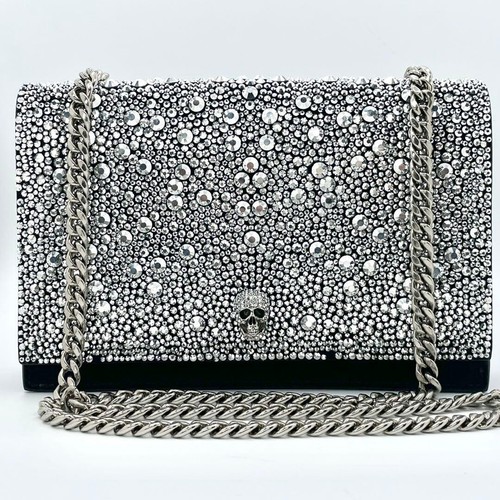 Alexander McQueen Skull Chain Shoulder Bag Black Satin Leather Rhinestone