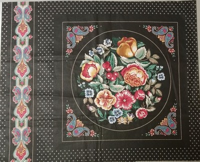 Striking ~Cranston~''Fruits & Flowers''~ on Black BG~Cotton Fabric Panel ~ 15''x15''