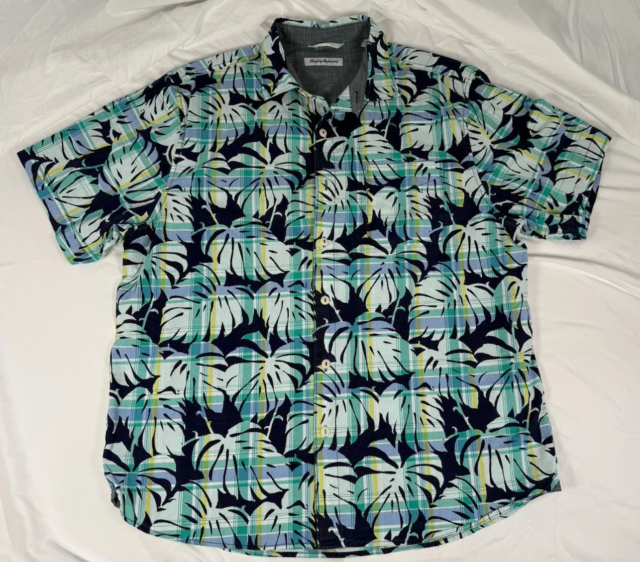 Tommy Bahama Hawaiian Shirt Mens Large Plaid Tropical Floral Print 100% Cotton