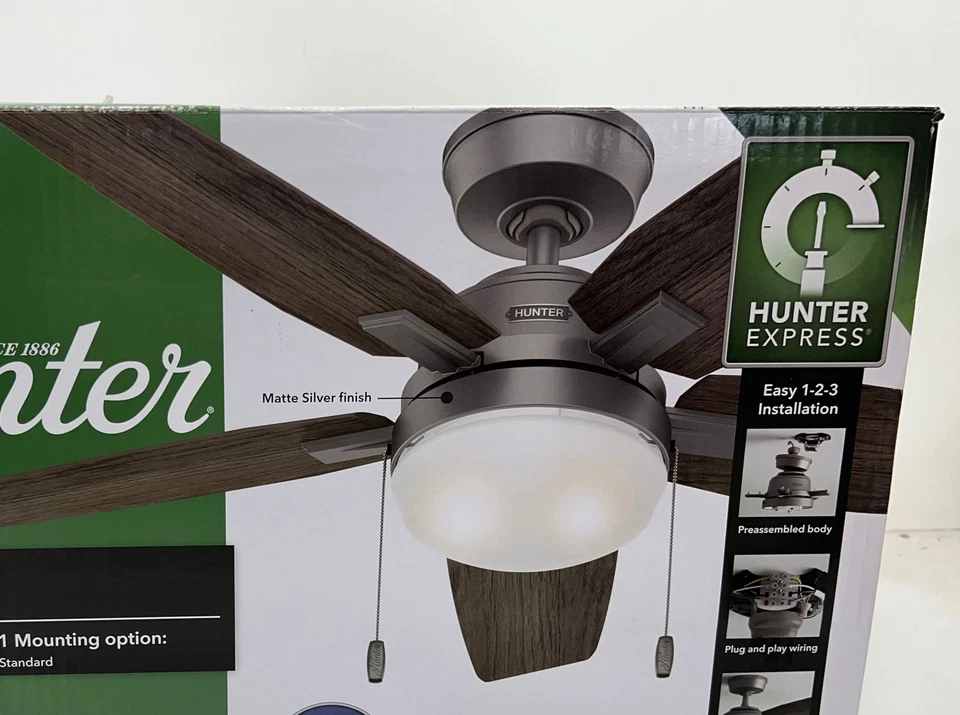Hunter Antero 44 in. Indoor Matte Silver Ceiling Fan with Light Kit New - Image 2 of 2