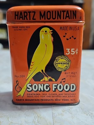 Vintage Hartz Mountain 3.5oz Song Food Orange Metal Tin With Lid Bird Art