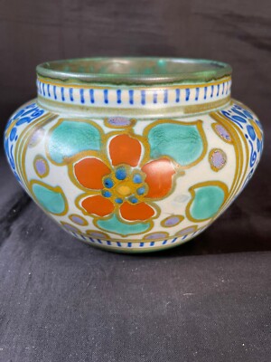 ビンテージgouda pottery Holland flower base Gouda Holland Vintage 1920's Art Nouveau Hand Painted Floral
