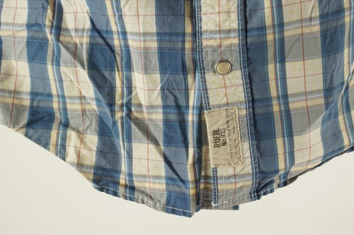 RUEHL 925 Mens Small Short Sleeve White Cream Blue Plaid Cotton Pearl Snap Shirt - Picture 8 of 8