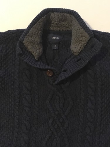 Gap Cable Knit Sweater Boy's Size 8 Navy Blue Button Mock Neck Heavyweight - Picture 5 of 5