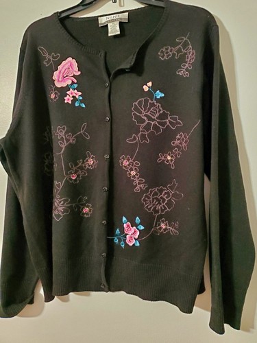 Nine & CO Beautiful Embroidered Floral Black Sweater Cardigan XL - Picture 3 of 7