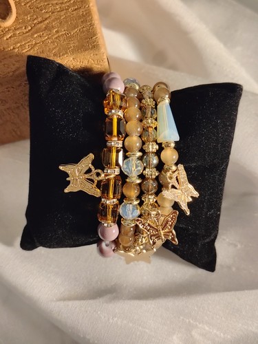 Stacked Beaded stretch Bracelet set Boho & gold tones with gift box included - Picture 4 of 9