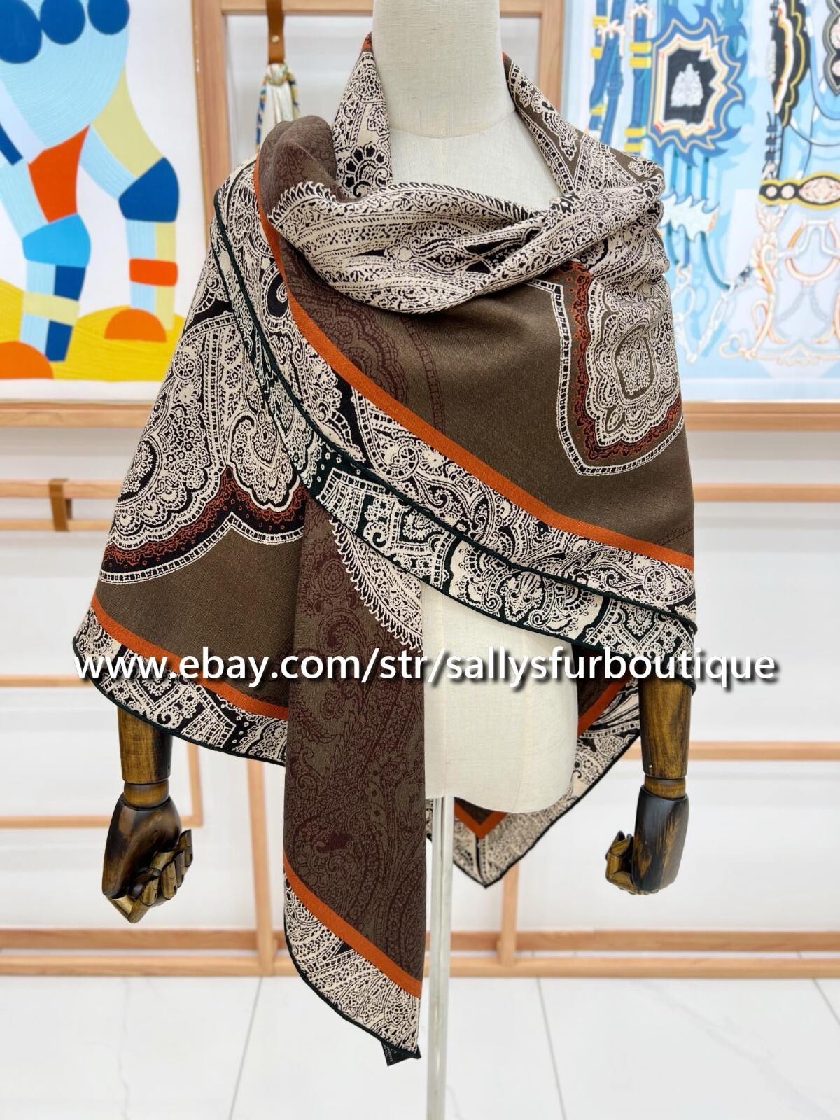 Sallys 70% Cashmere 30% Silk Paisley Print Double Face Shawl Wrap Scarf 53 Inches