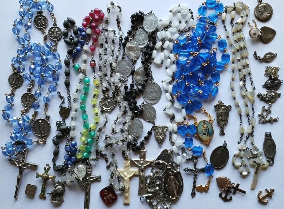 Vtg Rosary Beads Lot Repair Parts Blue Glass Wood Mother Of Pearl Medal
