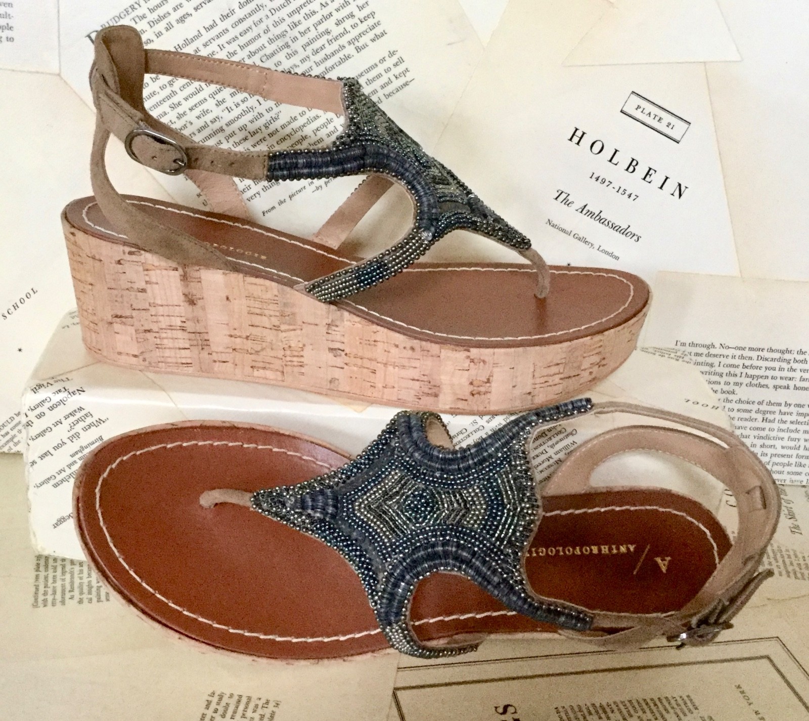 NIB Anthropologie Gunmetal Silver Bead Cork Platform Wedge Thong Sandal 39 8.5 9 NIB Anthropologie Gunmetal Silver Bead Cork Platform Wedge Thong Sandal 39 8.5 9